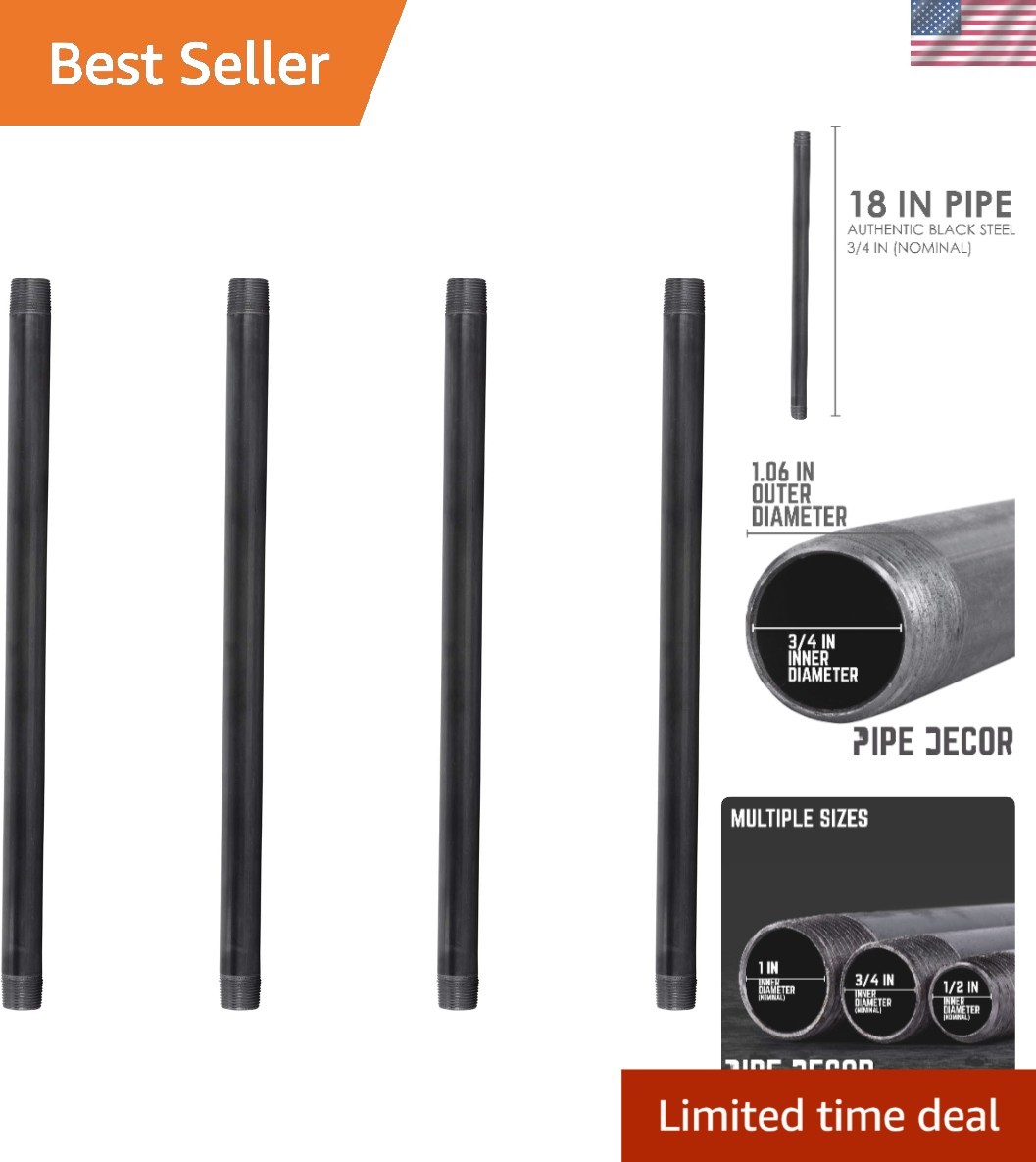 Durable 3/4” x 16” Black Steel Plumbing Pipe, Malleable Iron Compatible, 4 Pack