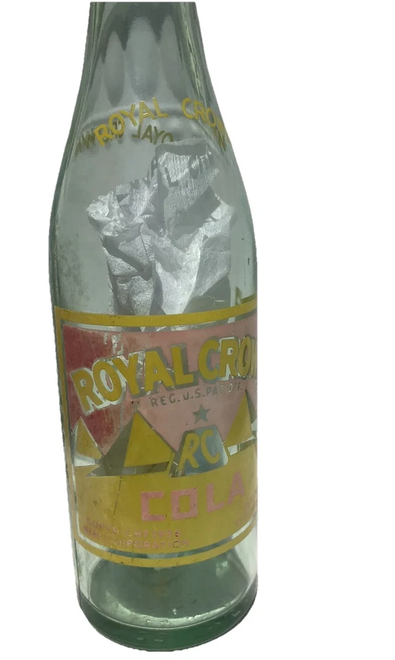 Garrafa de cola vintage ROYAL CROWN "RC" 1936 12 oz pirâmides vidro claro ACL - Imagem 2 de 4
