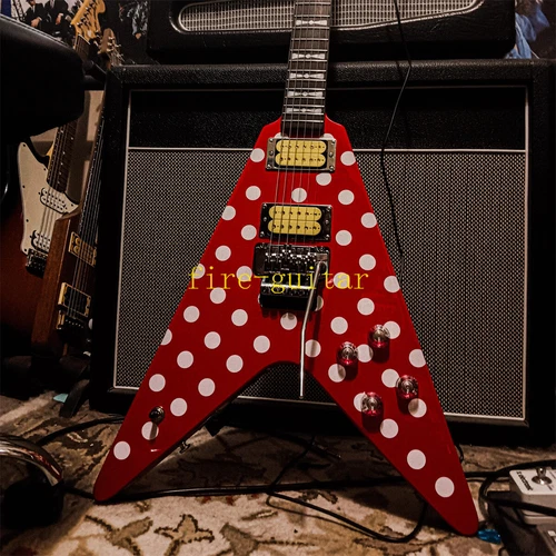 Custom Shop Randy Rhoads Flying V Electric Guitar Red Base with White Polka Dots