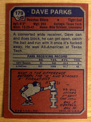 1973 Topps Dave Parks Football Card #179 Oilers Mid-Grade O/C - Picture 2 of 2