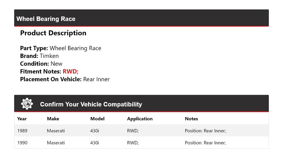 Cojinete de rueda interior trasero Timken para Maserati 430i 1989-1990 tracción trasera Foto 2 de 4