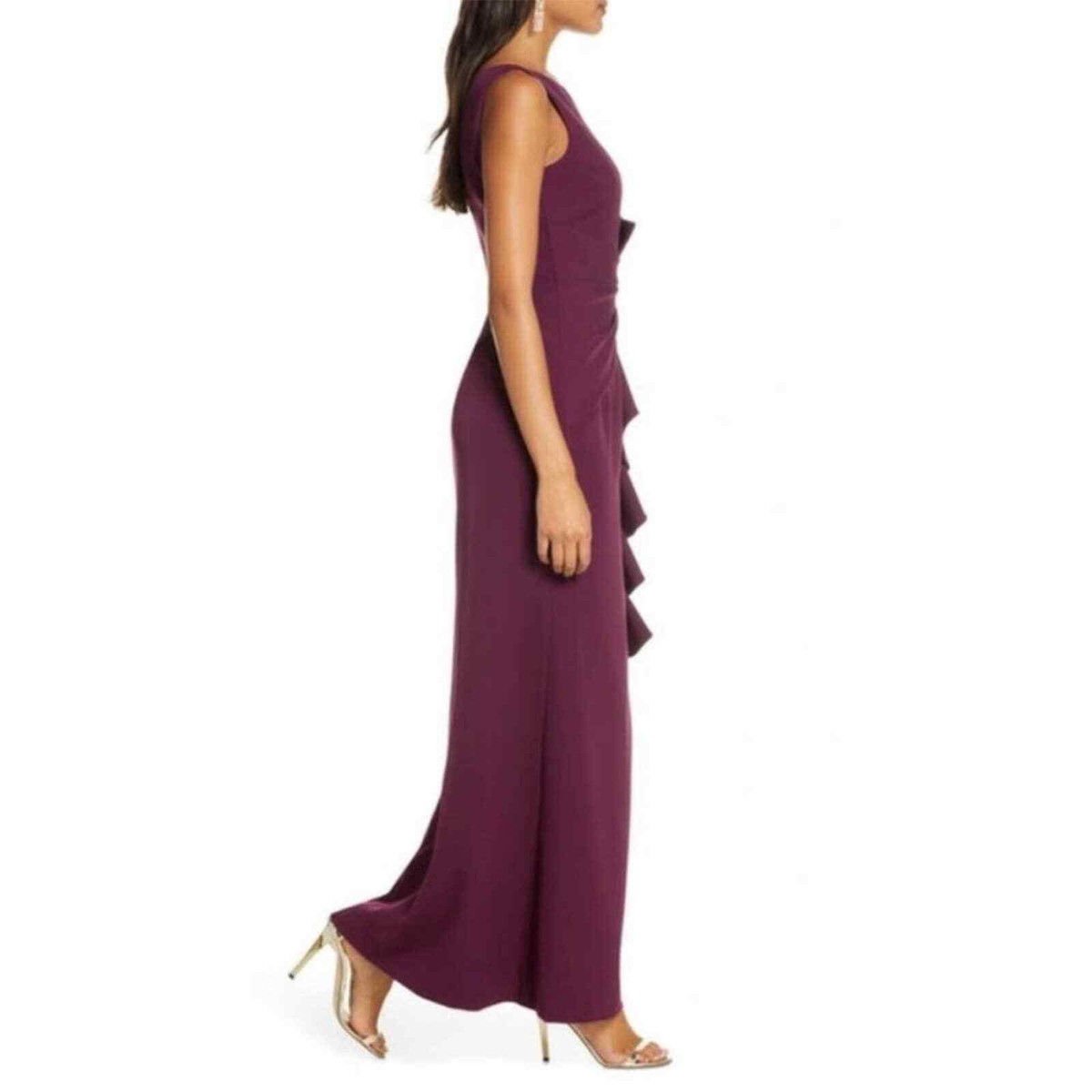 Eliza J ノースリーブカスケード-フリルガウン NWOT Eliza J Ruffle Front Sleeveless Maxi Gown Dress in Wine