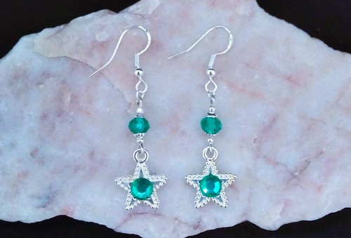 Green 3D Diamante Bright Silver Star, Double Sided,925 Silver Hook Earrings. - Picture 2 of 4