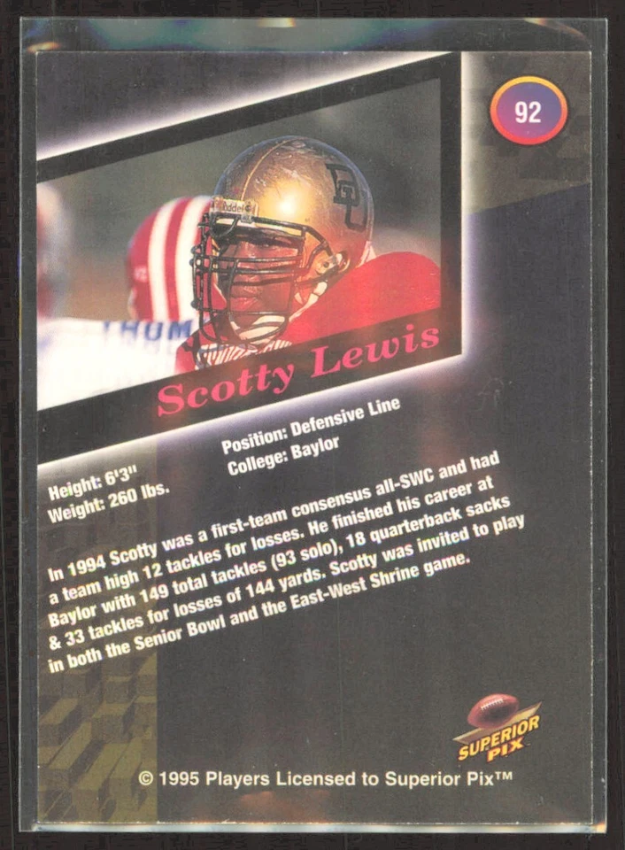 1995 Superior Pix Scotty Lewis Rookie Auto Baylor Bears #92 - Image 2 of 2
