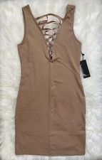 NWT FOREVER 21 Tan Lace Up Deep V Neck Sexy Stretch Fitted Bodycon Tank Dress S