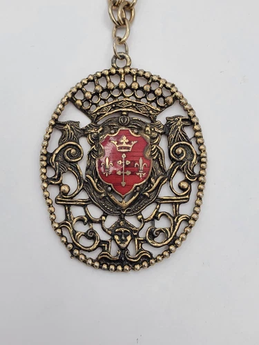 Vintage Jewelry Crest Necklace Gold Chain Red Large Pendant Costume Estate 24”