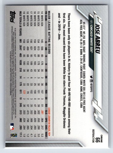 2020 Topps Chrome Jose Abreu Sepia Refractor #66 White Sox - Picture 2 of 2