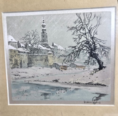 HANS FIGURA SIGNED ETCHING ON SILK OF BRAUNAU AM INN ACTUAL SIZE 7"X6" FRAMED - Picture 3 of 3