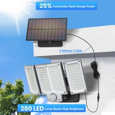 Indoor Solar Power Wall Light Motion Sensor Outdoor Garden Flood Lamp w/5M Cable