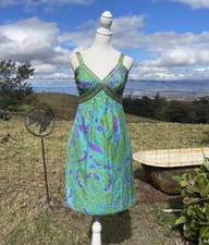 VTG ANNA SUI Silk Turquoise Purple Gold Studded Party Dress Size 2