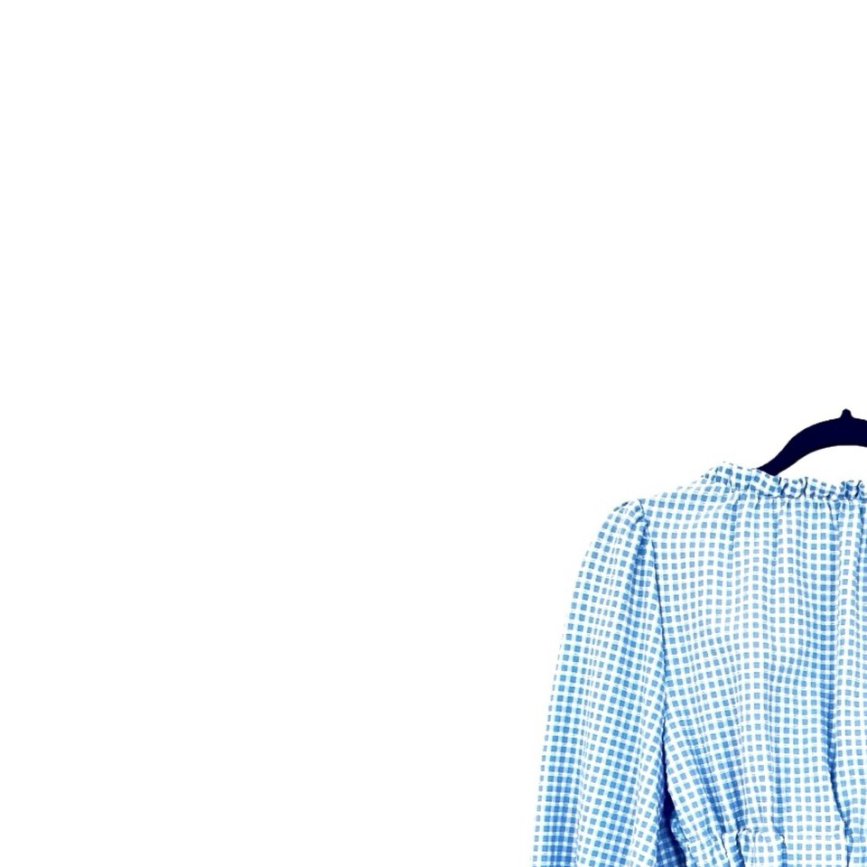 Zara Top Women's Size XS Blue White Gingham Long Blouson Sleeve Crop