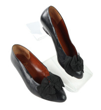 Vtg 80s 90s PALOMA Italy US Women  s 7 7B Black Leather Bow Low Wedge Pumps Shoes