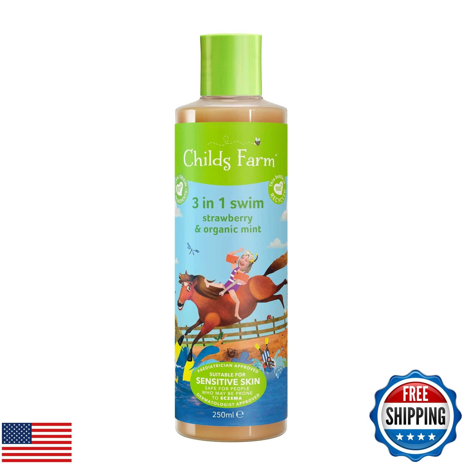 Childs Farm, Kids 3 in 1 Swim, Strawberry and Organic Mint, Body Wash, Shampo