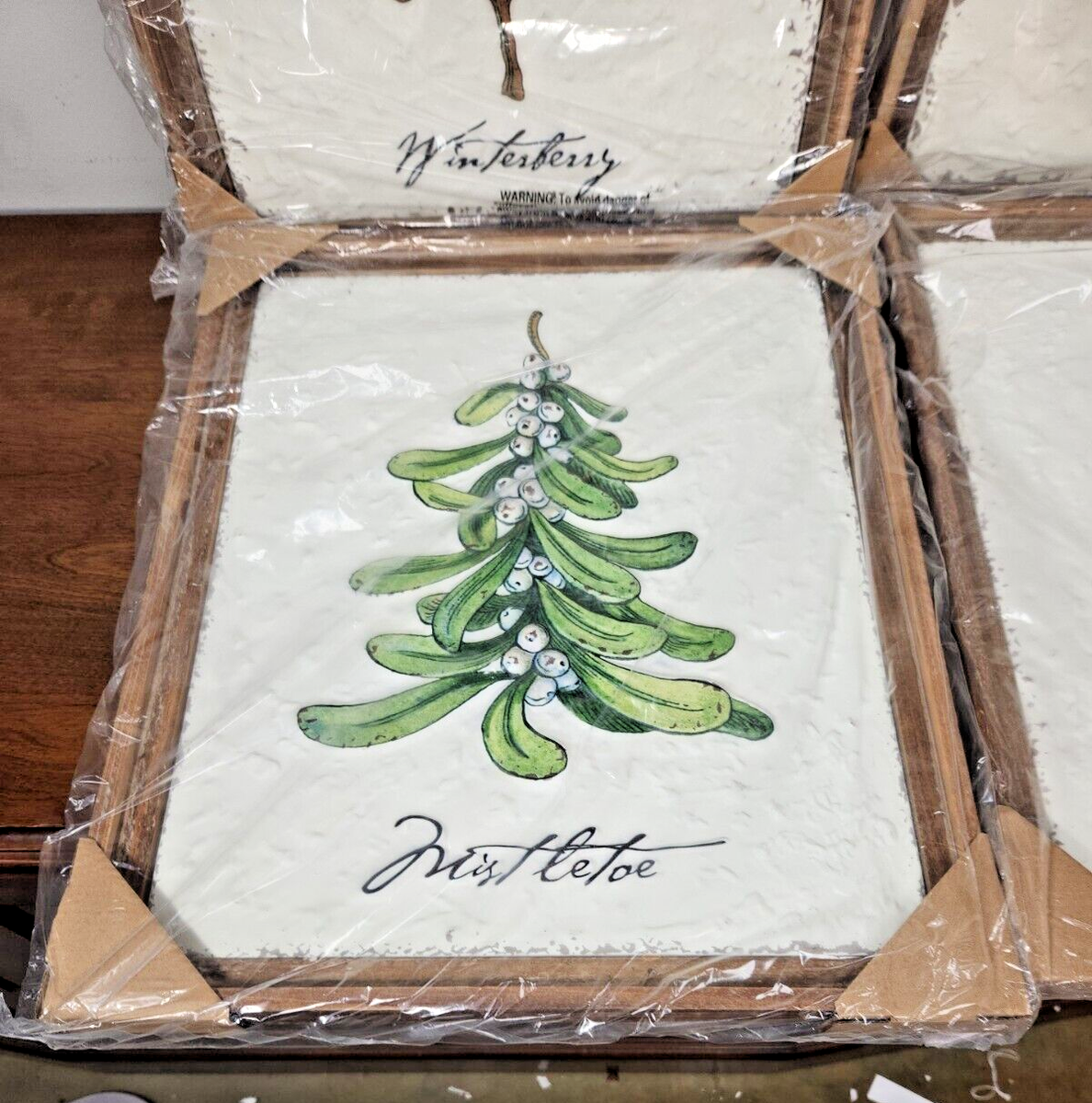 NIB HOLIDAY BOTANICAL ARTWORK SET OF FOUR - RAZ IMPORTS - WOOD