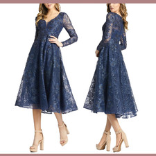 NWT $598 Mac Duggal [ 2 ] Embellished Plunge V-Neck Long Sleeve Midi Dress Q664