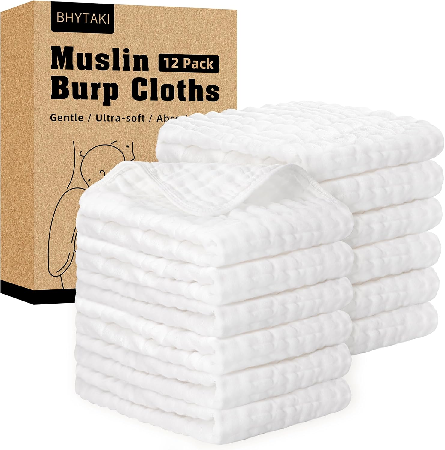 12pk 20x10 Inch 6-Layer Cotton Muslin Burp Cloths - Ultra Soft Absorbent Baby Rags