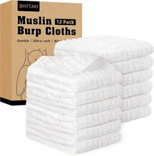 12pk Muslin Burp Cloths 20"x10" 100% Cotton 6-Layer Soft Absorbent Baby Rags