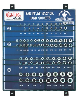 Genius Tools 85 Piece 1/4'', 3/8'' & 1/2'' Dr. SAE Hand Socket Display Board - G...