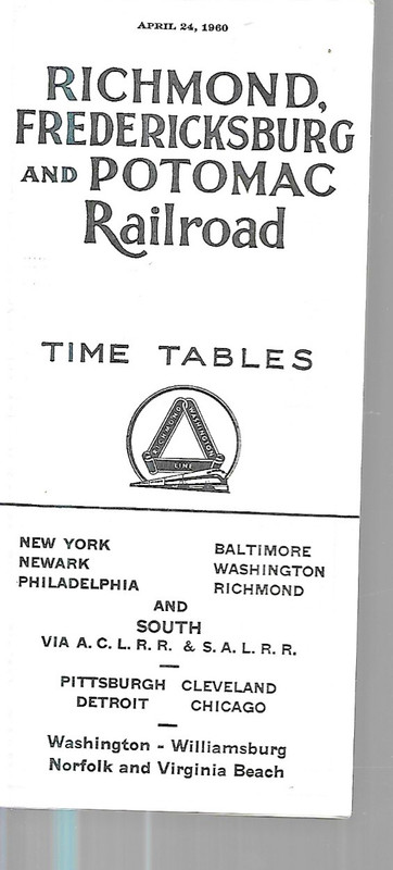 RF&P RICHMOND FREDRICKSBURG & POTOMAC PUBLIC TIMETable  APRIL 24 1960