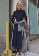 NWT MANGO MNG $100 NIGHT BLUE LONG SLEEVE ASYMMETRICAL DRESS SZ L LARGE