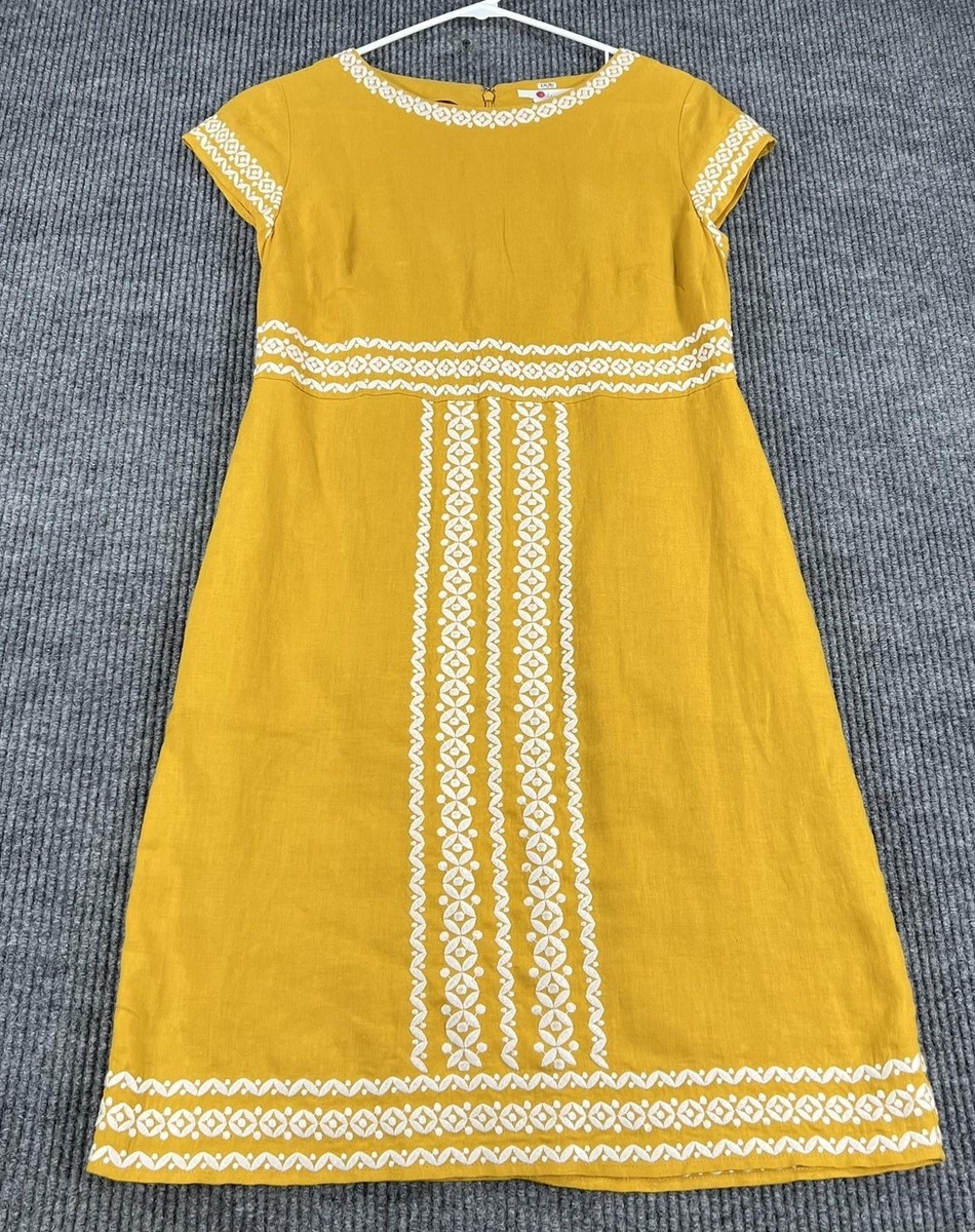 Boden Dress Womens 8 Yellow Embroidered Geometric Linen A Line Knee Length