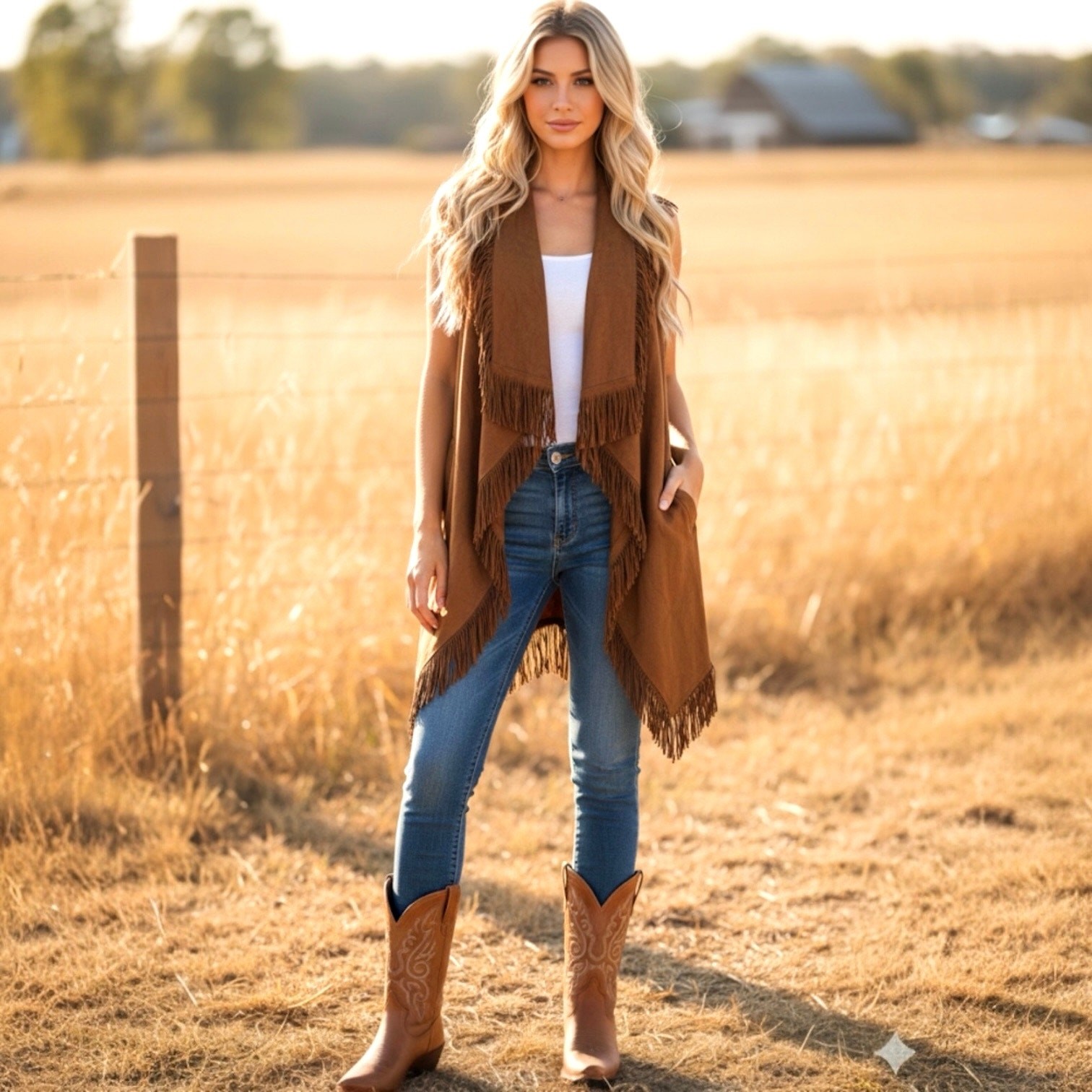TCEC Women’s Large Asymmetric Brown Faux Suede Western Fringe Boho Vest POCKETS