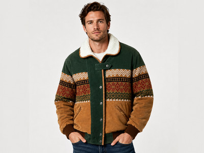 Pelle Pelle Shearling Wool Leather Jacket Men XL Tribal Aztec Western Bomber Coa