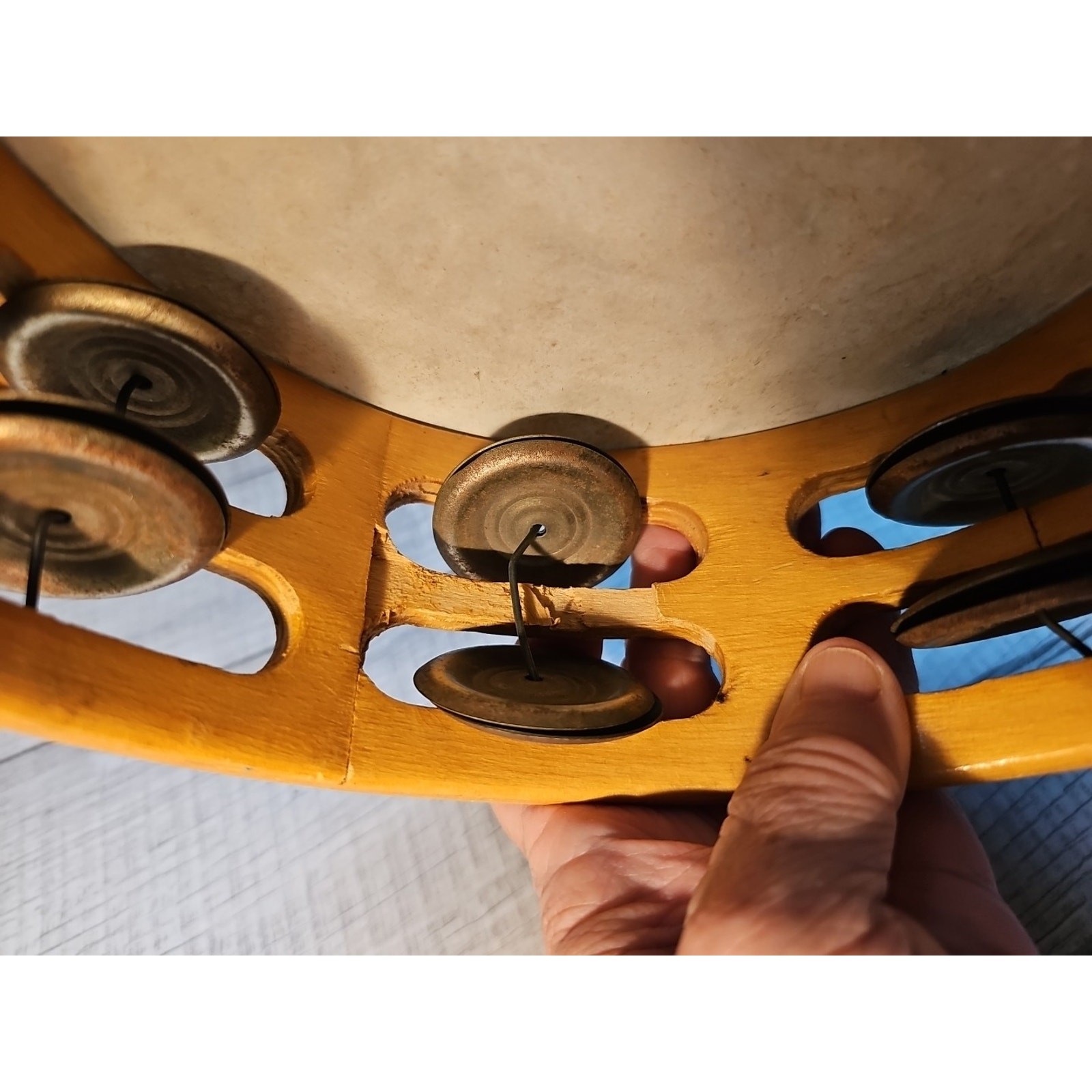 TAMBOURINE DOUBLE ROW CYMBALS 8 Inch Wood With Drum Pad Top Thumb Hole Vintage 