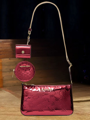Michael Kors Jet Set SM Patent Logo Debossed Crossbody Bag w/ Airpod Case Cherry