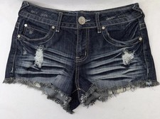 Almost Famous Distressed Denim Shorts Size 7 Y2K Low Rise Dark Wash Festival