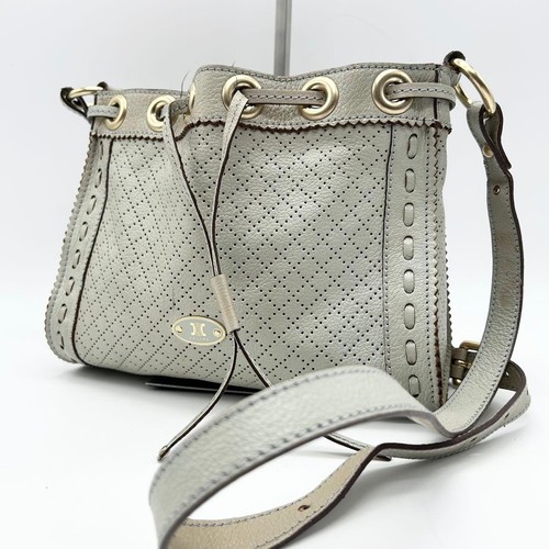 CELINE Leather Shoulder Bag Beige Off White Drawstring Punching Bucket Vintage