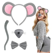Halloween Mouse Ears Headband, Grey Rat Ears Headband and Tail/Nose/Bow Tie,