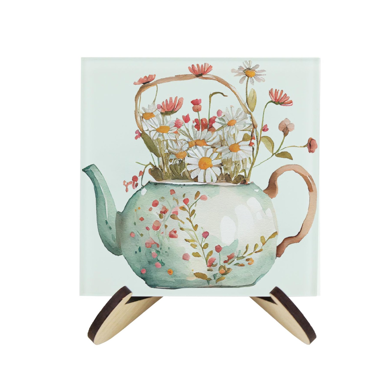 Floral Teapot Glass Coaster Set - Pretty Tea Gifts for Her - Set of 4 & Stand