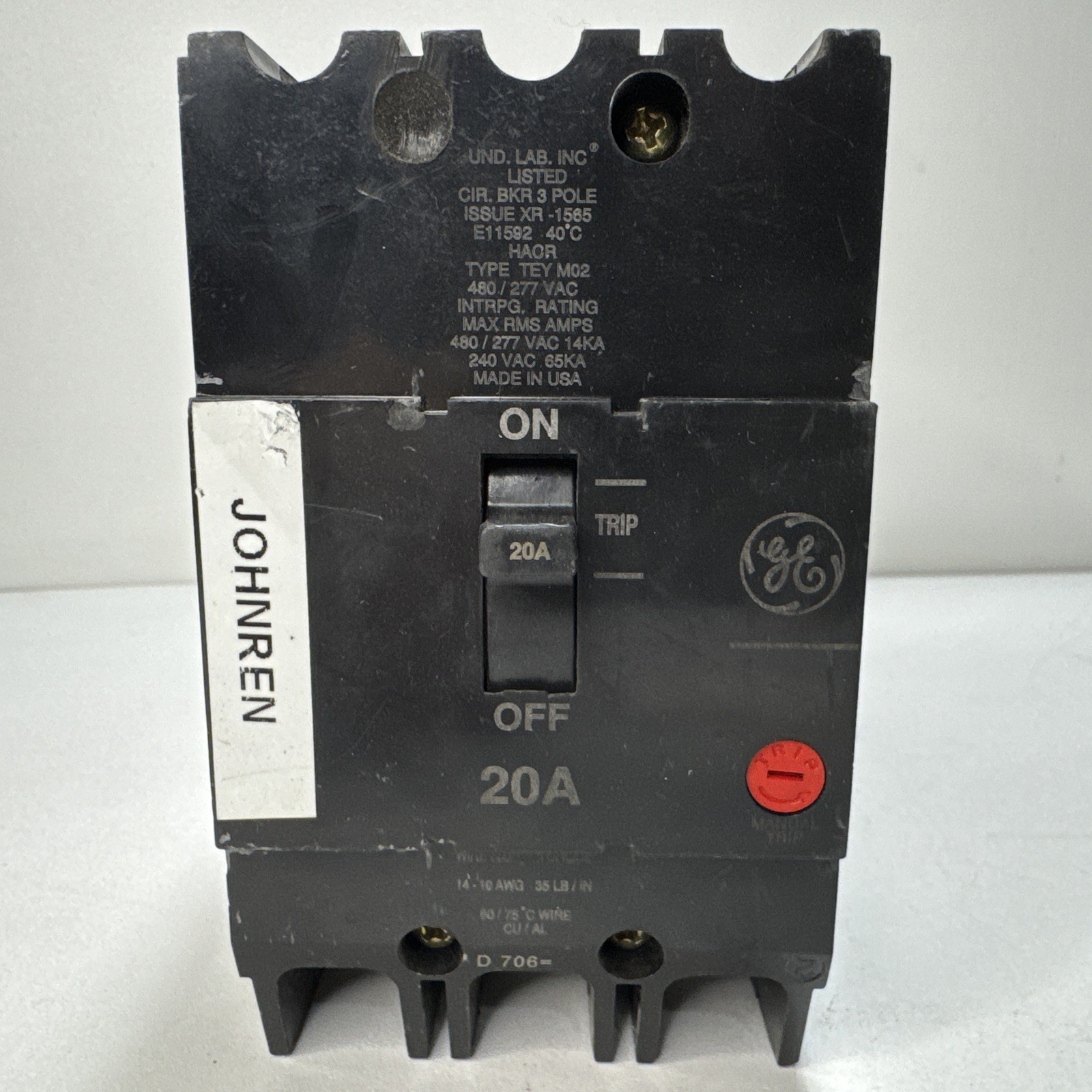 GE TEY320 3 Pole 20A Circuit Breaker
