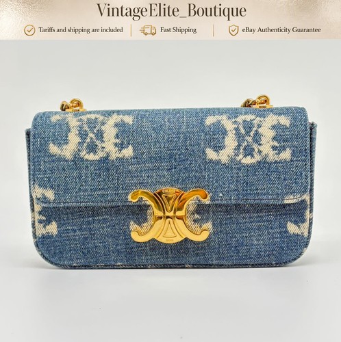 Celine Triomphe Blue Denim Gold HW Shoulder Bag Preowned Authentic Classic