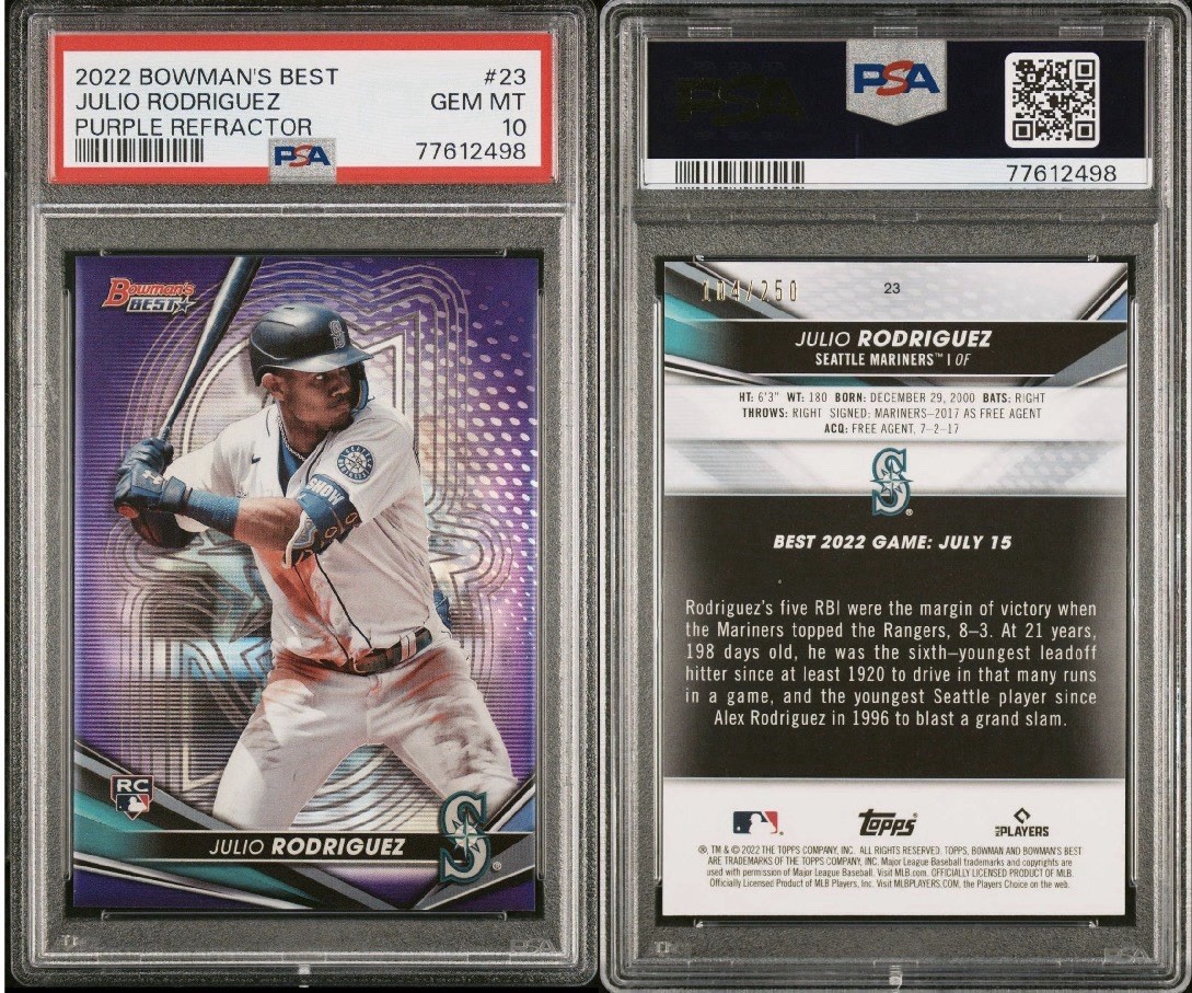 Julio Rodriguez RC /250 PSA 10 Gem 2022 Bowman’s Best Purple Refractor #23 view 3