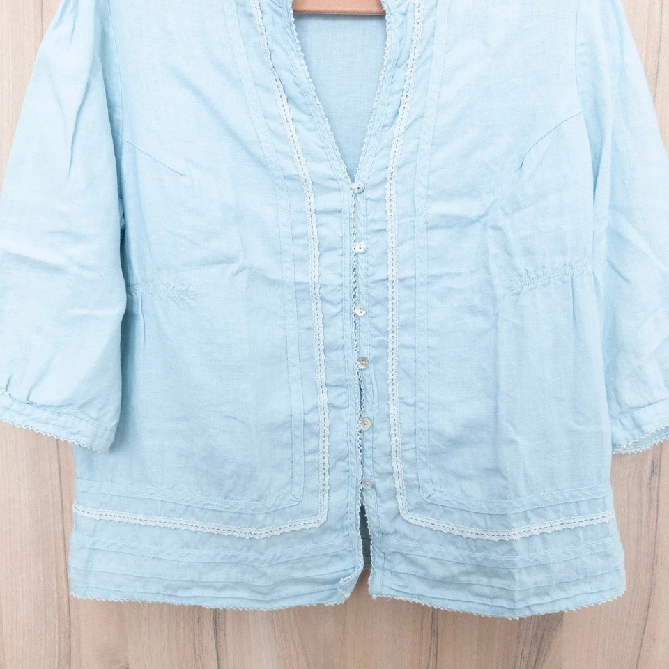 Blusa de lino Tweeds para mujer talla L azul cabaña boho ribete de encaje romántico costero Foto 3 de 4