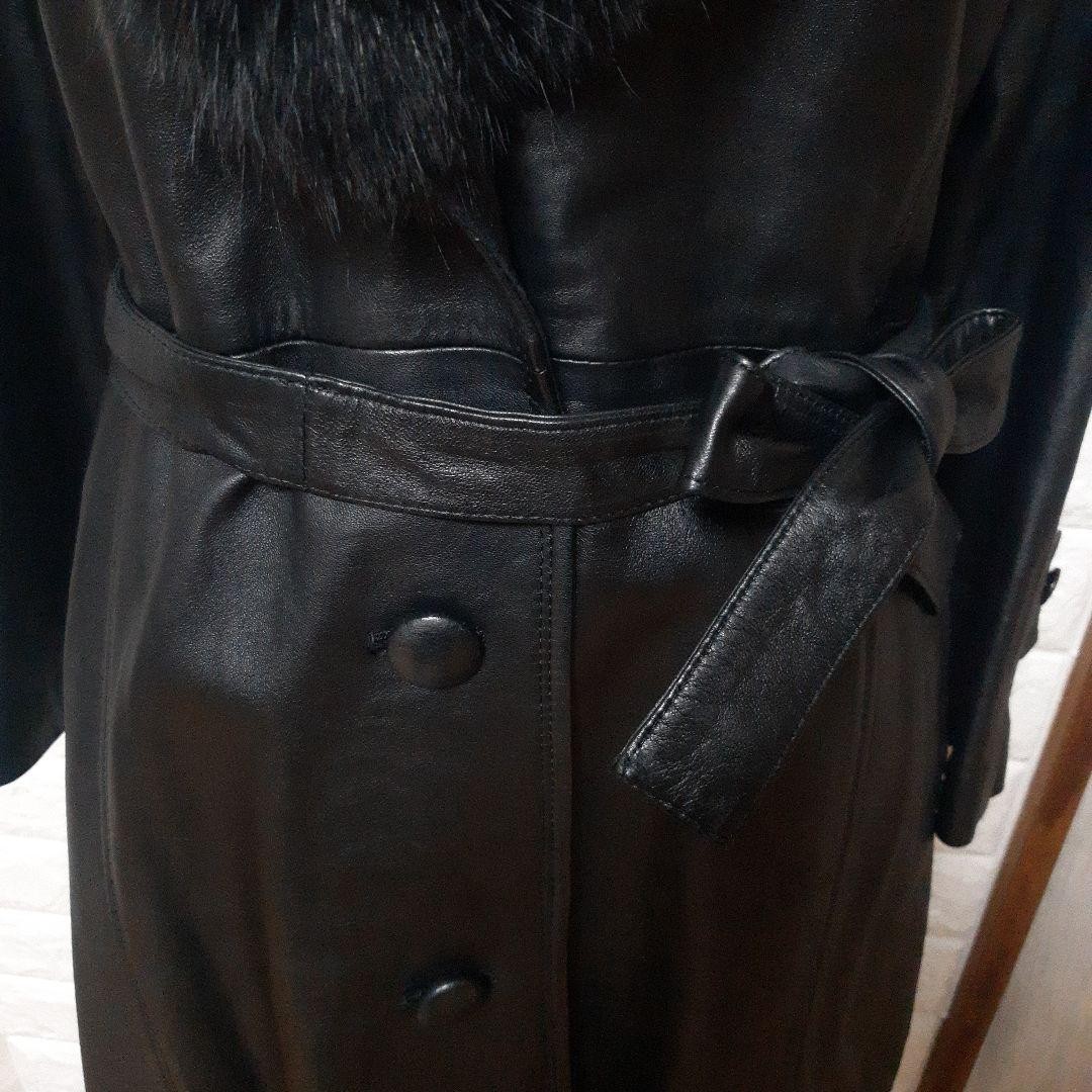 Goat Leather Trench Coat Black Real Fox Fur Collar Long Size 13 From Japan image 6