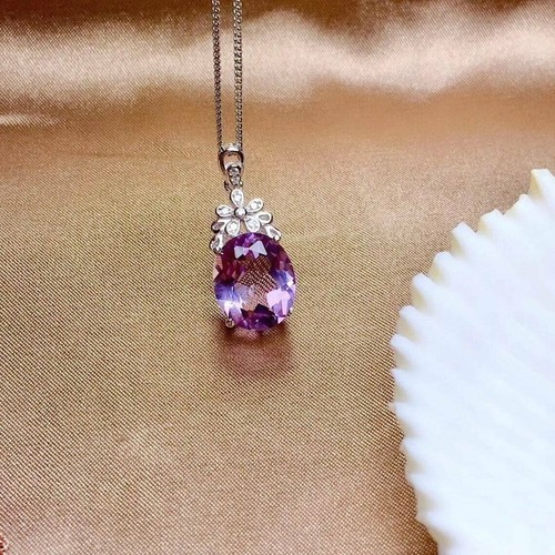 2.2Ct Oval Cut Amethyst Lab Created Pendent 14K White Gold Plated Free chain - Picture 4 of 7
