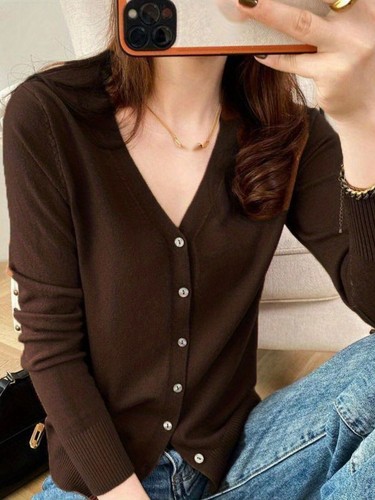 Autumn Women Cardigans Single V-neck Solid Knitted Sweater Slim Female - Picture 2 of 28