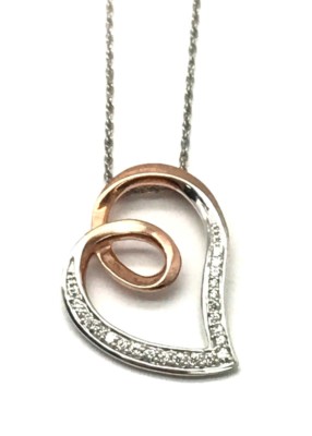 Elegante zweifarbige Halskette Sterlingsilber CZ Pave seitlich Wirbelschleife Liebe Herz