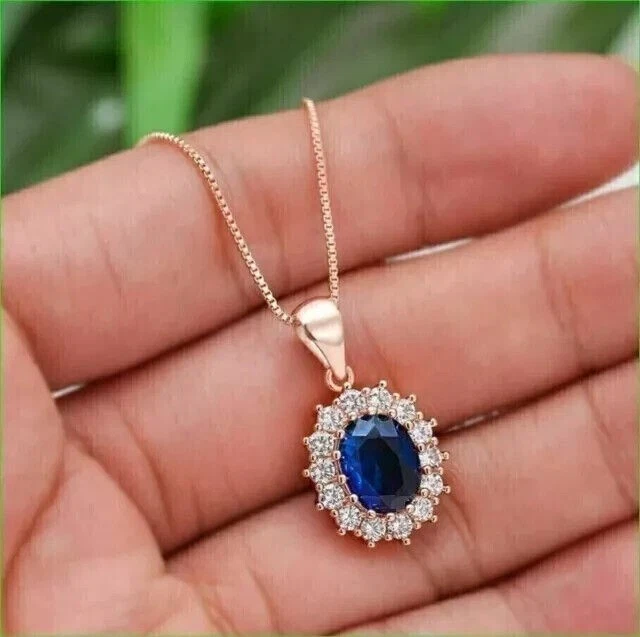 Colgante de diamantes y zafiros azules ovalados naturales de 2,50 quilates cadena de oro rosa de 14 k Foto 4 de 4