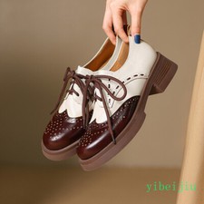 Women's Low Heel Real Leather Shoes Oxfords Wing Tip Brogue Casual Two Tone Lady