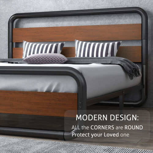 Queen Size Metal Bed Frame with Wooden Headboard & Footboard, Duty Frame, Walnut - Picture 7 of 11