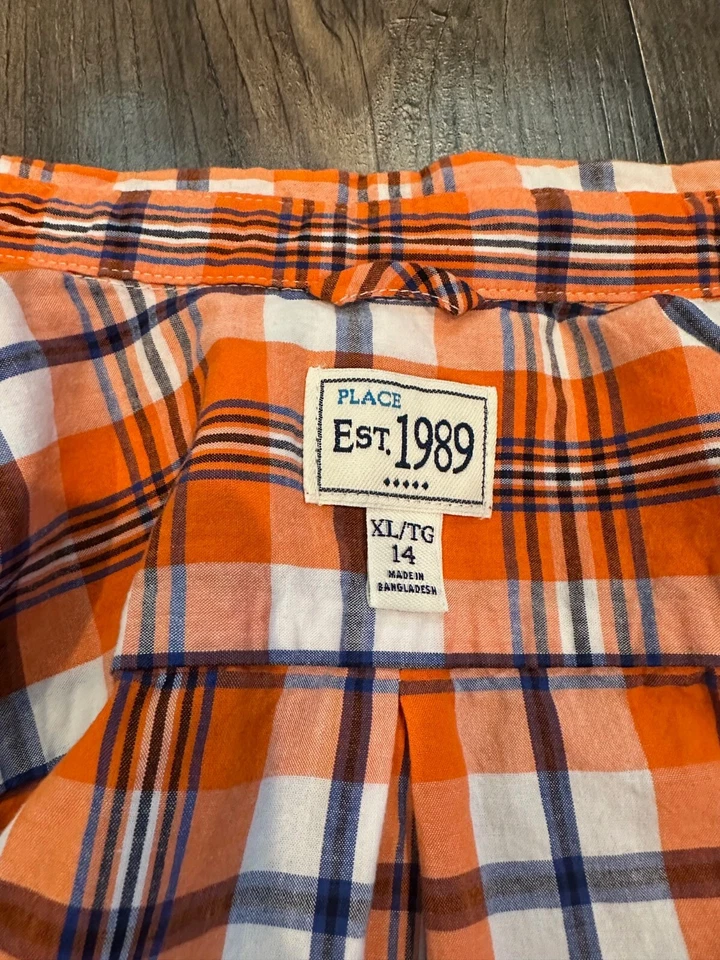GUC Boy's The Children's Place Plaid Button Up Shirt, Orange Blue, Size: XL 14 - Image 3 of 4