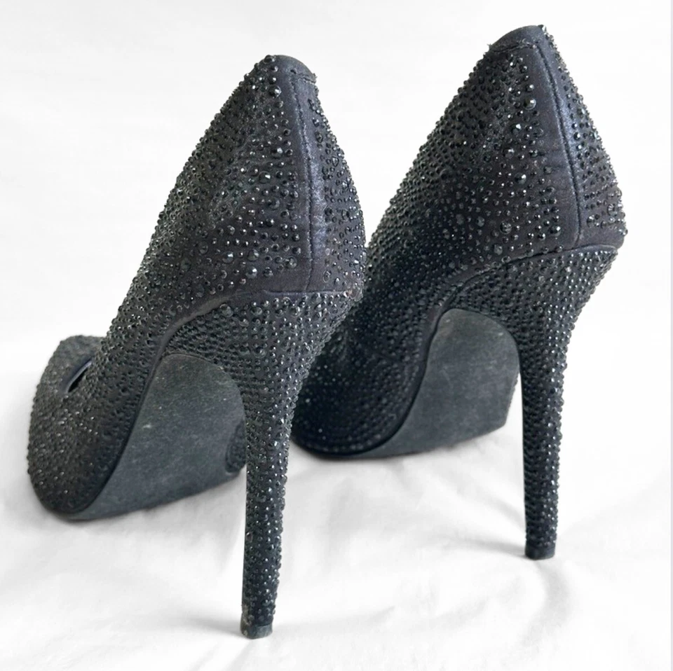 Bombas de strass preto tamanho 10 cristal preto salto alto formal stiletto brilho - Imagem 2 de 4