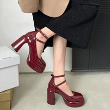 Fashion Women Platform Mary Jane Shoes Double Buckle Thick Heel Pumps High Heels