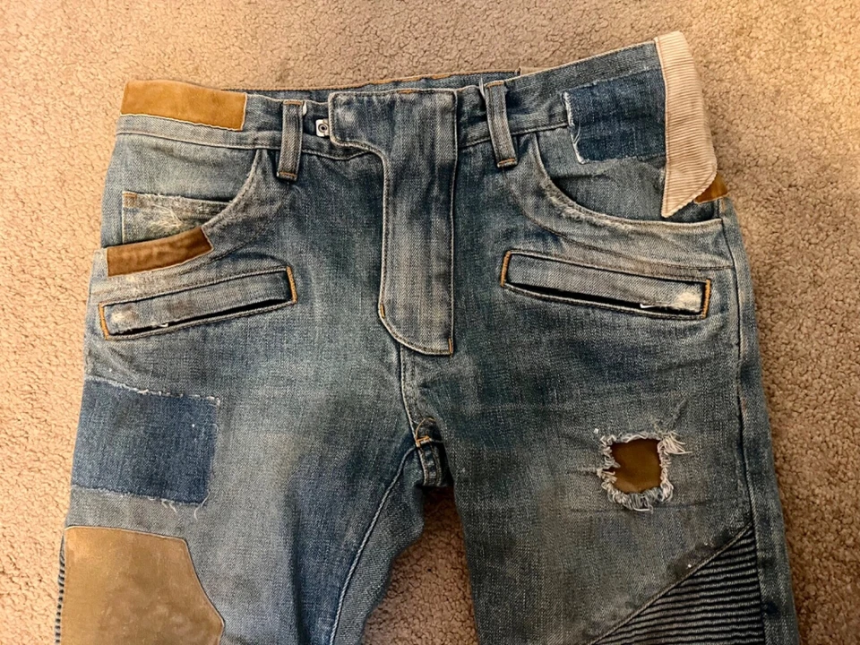 100% Authentic BALMAIN JEANS BIKER DISTRESSED PATCHWORK DENIM Size 29 Men - Image 3 of 4