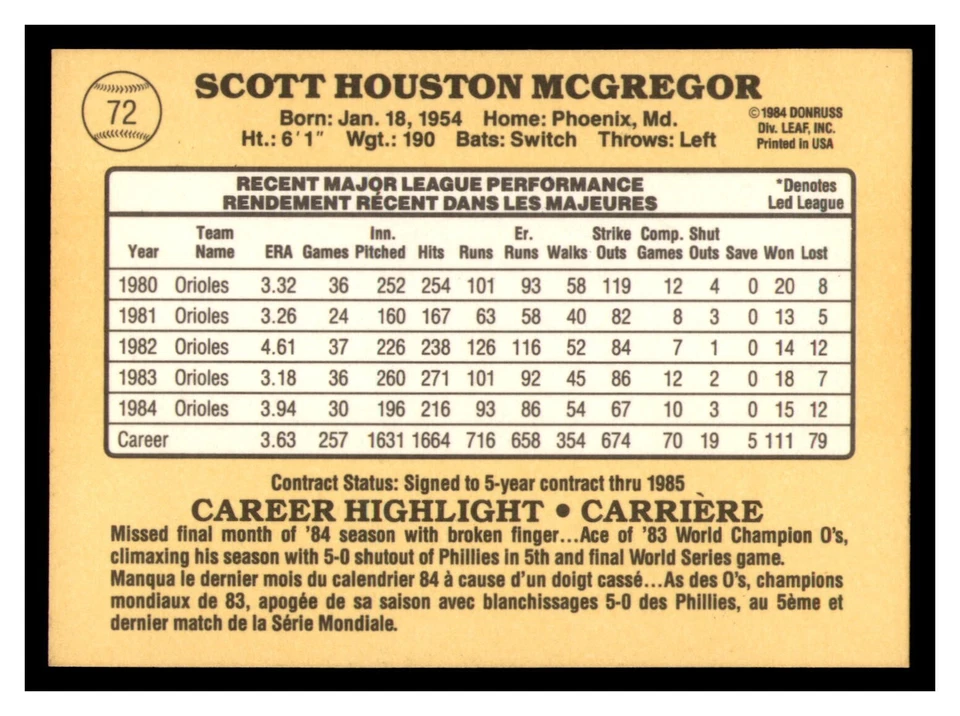Scott McGregor Baltimore Orioles Autographed 1985 Donruss Leaf card #72 - Image 2 of 2