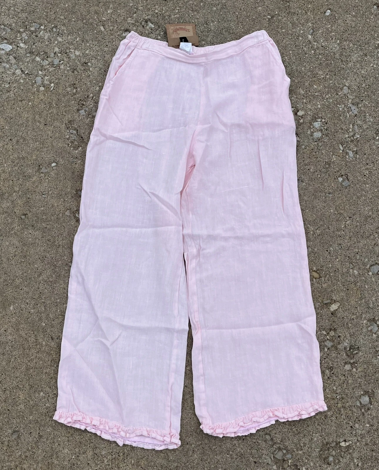 NWT Match Point La Fixsun Linen Pink Cropped Pull On Pants Ruffle Trim Hem Sz S